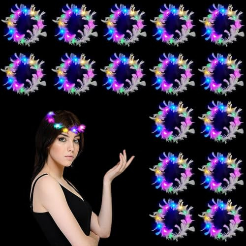 HIQE-FL LED Federkranz Stirnband,16 Stück LED Blumenkranz Haarkranz