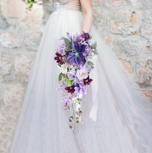 FEILUOYI Bouquet da sposa artificiale, 48,3 x 22,9 cm, fiori misti in seta con rose, calle e vegetazione