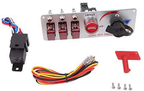 Grcfumo Pannello interruttori di accensione a levetta 5 in 1 a LED, Pannello interruttori di accensione per auto da corsa 12V con pulsante di avvio del motore, Pannello (Rosso)