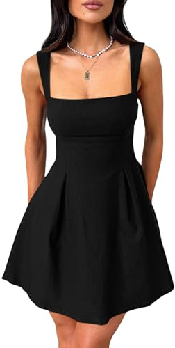YMDUCH Women's Sexy Sleeveless Square Neck Adjustable Straps Bow Tie A-line Mini Party Club Dress Black Small