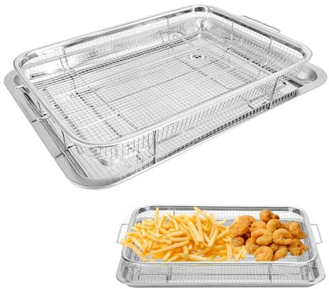2PCS Stainless Steel Crisper Tray and Basket,Oven Air Fryer Pan Mesh Basket Set,Air Fryer Racks Large,Deluxe Non-Stick Crisper Oven Tray for Baking and Crispy Chicken,French Fries and Onion Rings