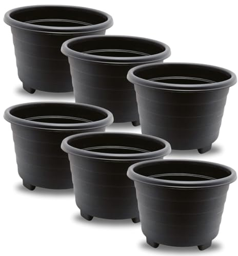 SIDSONS Large Sleek Black Planter 32cm - Plastic Plant Pots, Indoor Flower Pot, Outdoor Garden Patio Planters, Marked Drainage Hole, Round Planter With Feet, Herb Plant Container (6, 32cm Sleek Black)