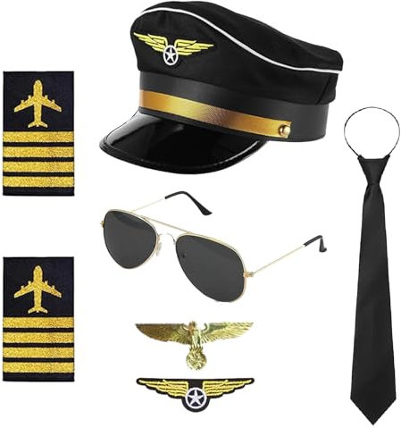 SHIQUAN Pilot Kostüm Herren, Pilot Kapitän Kostüm Zubehör,Pilot Set Kapitän Fasching Karneval, Schulterklappen Streifen, Pilotenhut, Für Erwachsene Männer für Party Dress up (Schwarz)