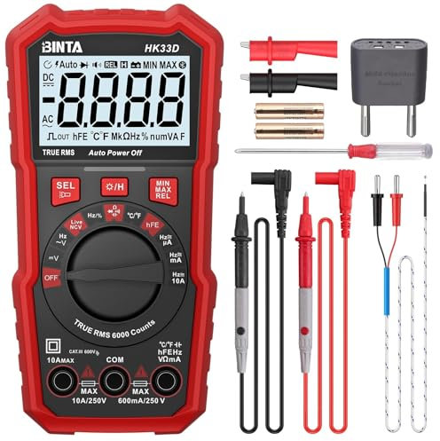 BINTA Multimètre Automatique Numérique 6000 Comptes avec Écran LCD Tension AC/DC, Capacité, Résistance, NCV Live, HFE, Mesure des Transistors, Rapport Cyclique pour Automobile, Maison et Industrie
