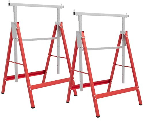 HOMCOM Set 2 Cavalletti da Lavoro Pieghevoli Portata 200 kg, Altezza Regolabili 80-130 cm, Cavalletti Telescopici Salvaspazio in Acciaio per Fai da Te, Garage e Giardino, Rosso e Argento