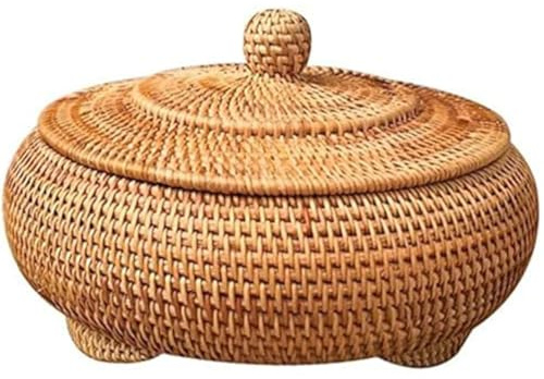 Round Rattan Box with Lid, 8.7x4 Inch Rattan Basket, Hand-Woven Round Woven Basket, Desktop Decorative Box for Home Farmhouse Kitchen with Lid