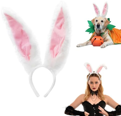 QIZHIQIAMY Oreilles de Lapin Serre-Tête Noir/Blanc – Dentelle & Peluche Bunny Ears pour Adultes, Accessoire de Déguisement Cosplay pour Pâques, Halloween et Fêtes