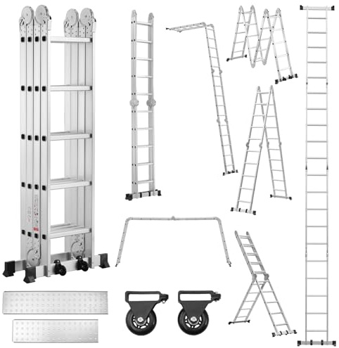 TEENO Échelle Multifonction 7 en 1, 5.8 M, 4x5 marches, Échelle Pliante en Aluminium avec 2 Plateformes, Pieds en Caoutchouc, 2 Roues Amovibles, 20 échelons, Charge Max 150 kg, Argenté