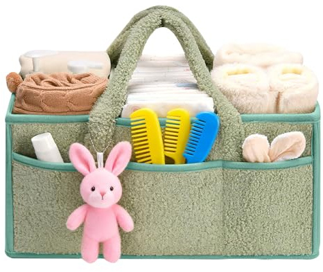 SGZIOO Wickelkorb Organizer, Plüsch Wickeltasche Organizer, Large Windel organizer 40 x 27 x 19 cm, Wickelorganizer, Diaper Caddy mit AbnehmbarTrennwänden & Griffen für Neugeborenen Geschenk (Grün)