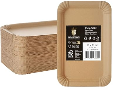DOMMOS Einweg-Pappteller, 50 Stück, 13x20 cm Braun, Kraftpapier-Teller, für Grillabende, Wanderungen, Taufen, Partys, Geburtstage, Pappteller Rechteckiger