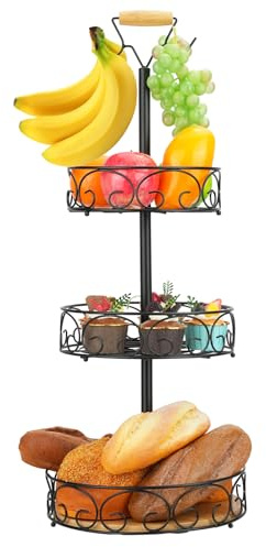 SHILIPAIJC Obstkorb Obstschale Etagere 3 Etagen, Metall Obst Etagere Schwarz Obst Aufbewahrung mit Bananenhalter, Obstetageren 3 Stöckig Gemüsekorb Fruit Basket für Obst Gemüse Brot Snacks Korb