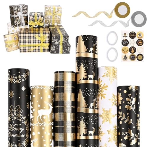 GuKKK Julpresentpapper 6 rullar, 43 x 300 cm presentpaket, julpresentpapper set med klistermärken och 2 band, inslagspapper julklappar för presentinslagning