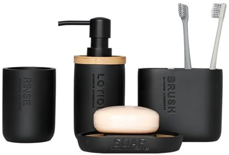 Bathroom Sets Juego de dispensador jabón, Accesorios baño 4 Piezas, Elegante Vaso for Cepillo Dientes cerámica Coastal Decor(Black)