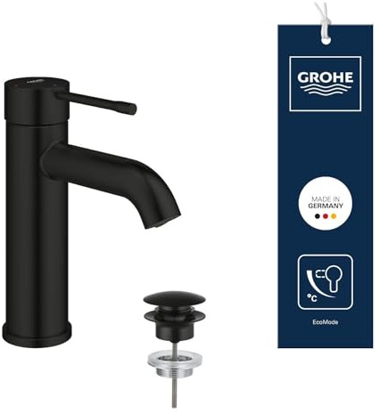 GROHE Essence – Grifo Monomando de Lavabo con Vaciado Push-Open (Tamaño S 208 mm, Palanca Metálica, Cartucho Cerámico 28 mm, Ahorro de Agua y Energía, Flexibles 3/8), Negro Mate, 237972431