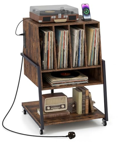 COSTWAY Record Player Stand with Charging Station, Rolling Turntable Stand End Side Table with Open Shelves and Wheels, Albums Vinyl Record Storage Cabinet Holder for Music Living Room (Rustic Brown)