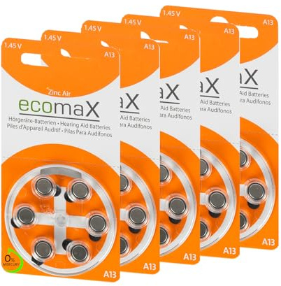 ecomaX HÖRGERÄTE Batterie Typ 13 PR48 ORANGE A13 Batterie (30)