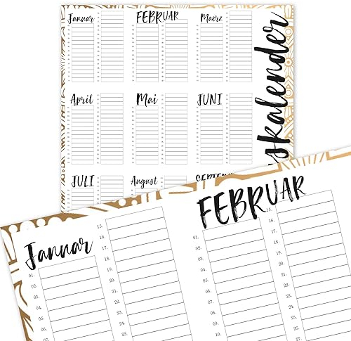 Geburtstagskalender in beige-gold I DIN A3 (42 x 29,7 cm) I Dauerkalender jahresunabhängig I Wandkalender für WG I Familienkalender I Büro-Kalender I im Hochformat I dv299