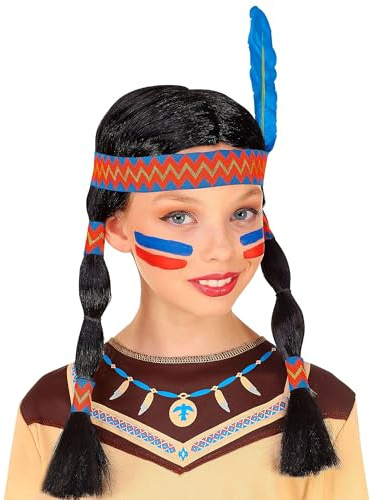 W WIDMANN MILANO Party Fashion - Parrucca per bambini Indiana | Capelli sintetici neri con fascia e piuma, accessori per costumi per Carnevale, Halloween e feste a tema
