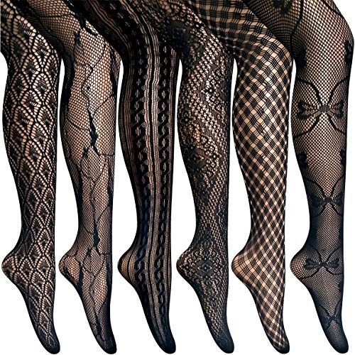 ANDIBEIQI Collants Bas Résille 6 Paires Femmes Hollow Collant extensible filet élastique confortable noir/motifs fleurs