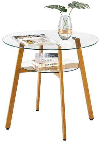IPOTIUS 80cm Runder Glas Esstisch Skandinavisch Küchentisch Couchtisch für 2 4 Personen,mit Metallbeine Eichenfinish,80x75cm