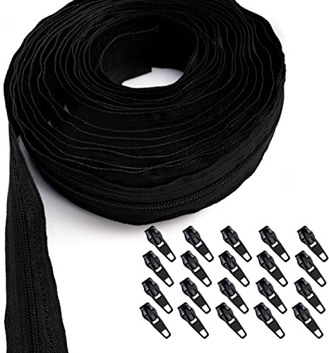 KGS Zippers by The Yard | 4 Yards Nylon Coil Zipper Roll with 20 Matching Pulls | #3 (3mm) Continuous Zipper Tape for Bags, Dresses, Cushions & DIY Crafts (Black)