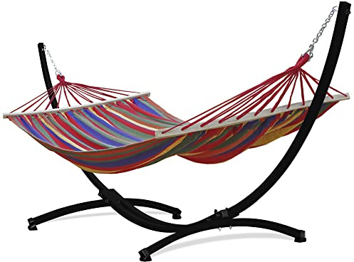 Potenza Outdoor Hängematte mit Gestell für 2 Personen I Stabhängematte XXL 220x160, 200kg I Hängemattengestell 220kg Wetterfest (Rot, Gestell Schwarz)