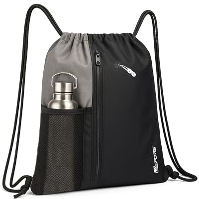 RR Sports - Turnbeutel 8-20 L in Schwarz Grau für Damen, Herren & Kinder - Sportbeutel & Sportrucksack für Fitness, Fußball & Freizeit - Rucksackbeutel mit Kordelzug (Schwarz/Grau)