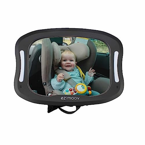 Ezimoov EZI Mirror LED - Rétroviseur Bébé avec Lumière LED Télécommandée - Grande Surface en Acrylique - Pivot 360° - Sangles Réglables - Compatible Appuie-Têtes Universels | 82% de plastique recyclé, Miroir incassable, Sangles réglables, Pivot à 360°, Éclairage LED par télécommande
