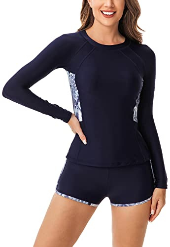 Maillots de Bain 2 Pièces Femmes Manche Longue Rashguard Deux Pièces Femme Mode Col Rond Surf Natation Sport Vêtements de Plage