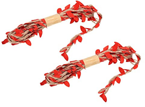 PATIKIL 6,6 Pies 5mm Arpillera Hoja Cinta, 2 Paquete Trenzado Decoración Vid Natural Yute Cuerda Cordel con Artificiales Hojas para Selva Boda Fiesta Hogar Jardín Decoración, Rojo