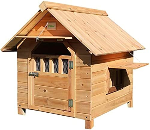 Bor Hundehütte Für Den Außenbereich, Für Drinnen Und Draußen, Hundehütte Aus Holz, Heimtierbedarf, Haustierhütte Mit Türen Und Doppelfenstern, Leicht Zu Reinigen,Braun,56x45x48cm,YUYANAIAI