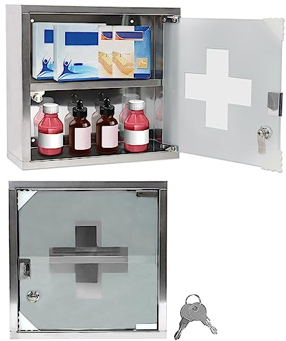 YZNAHRE Medizinschrank Abschließbar Medikamentenschrank Arzneischrank Apothekerschrank Hausapotheke Medizinschranke aus Edelstahl mit Sicherheitsglas Tür & Magnetverschluss, 2 Fächer, 30 x 30 x 12 cm