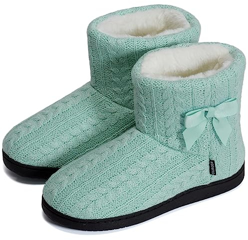 BUGUKI Slipper Boots Women Winter Knit Booties Slippers Ladies Ankle Fur Lined Memory Foam House Shoes Indoor Outdoor Green 37 38
