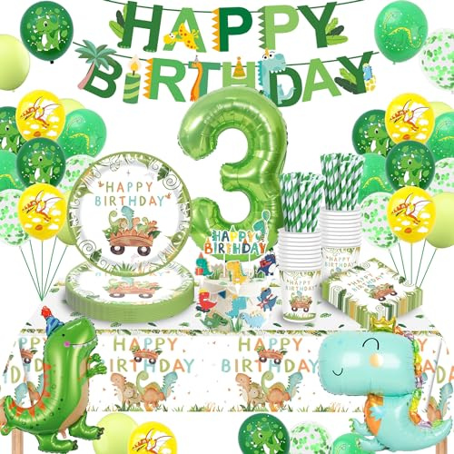 Dino Geburtstag Deko 3 Jahre, Dinosaurier Partygeschirr Set, Geburtstagsdeko 3 Jahre Junge, Dinosaurier Luftballons Pappteller Tassen Servietten Tischdecke für Party Kindergeburtstag Deko 16 Gäste