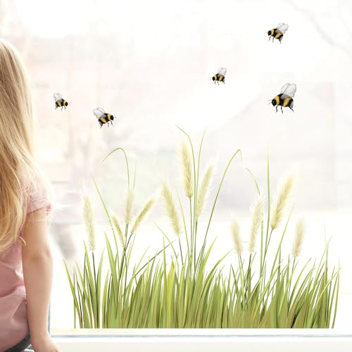 Wandtattoo Loft Fensterbilder Frühling mit Pampagras & Hummeln Oster Motiv - A4 Bogen, Wiederverwendbar - Fensterdeko, Fensterfolie, Fensterbilder für Frühlingsdeko