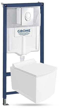 Lavita Vorwandelement Solido Start + Wand Hänge WC Fago Weiß Spülrandlos + WC Sitz mit Absenkautomatik Verchromter Knopf Komplettset Unterputz Spülkasten Toilette Komplett Sett WC