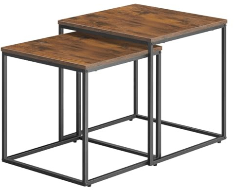 NMK HOME Couchtisch 50x50 cm, 2er Set quadratisch in rustikaler Holzoptik, Schwarze Metallbeine, Industrial Design, platzsparend ineinander stellbar, für Wohnzimmer und Schlafzimmer