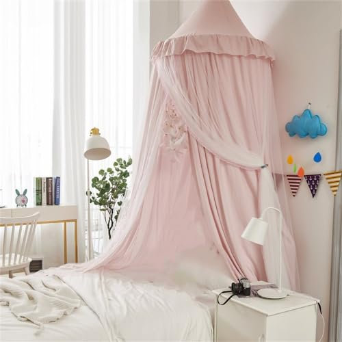 ENEN Baldachin Kinderzimmer Betthimmel Moskitonetz Kuppel für Babybett Mädchen Einfarbig Rüschen Moskitonetz Bettvorhang Kinder Spielzelte Kuschelecke Deko, Höhe 270 cm (Hell-Pink)