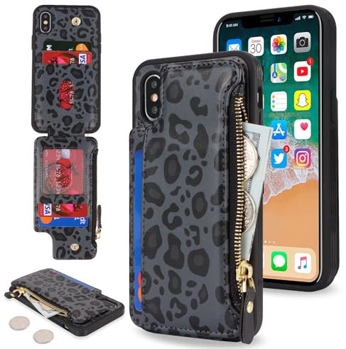 SailorTech Handyhülle für iPhone X/XS Etui mit Kartenfach, iPhone XS Hülle mit Kartenhalter, iPhone X Handyhülle mit Reißverschluss Geldbörse - Schwarzer Leopard