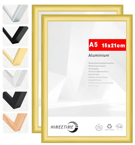 HIMEETIME® 2x Bilderrahmen DIN A5 14,8x21 cm Gold Metall Rahmen,Dokumentenrahmen 14,8x21 cm,Metallrahmen Alu-Bilderrahmen Poster Aluminium,Picture Frame A5 Fotorahmen