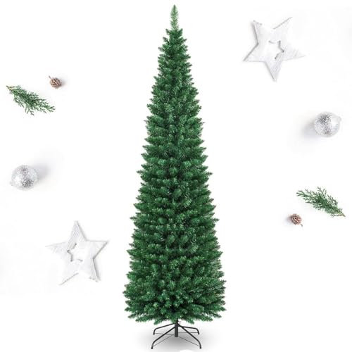 RELAX4LIFE Albero di Natale Slim 150/180/210/240 cm, Stretto e Alto, Rami Folti in PVC, Base in Metallo Pieghevole in Ferro,Albero Natale Artificiale Verde (150 cm)