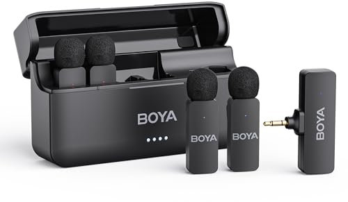 BOYA BY-V4 Wireless Microphones for Cameras DSLR Camcorder with Charging case, 12H Battery Life, 650ft Range, 4-Channel Omnidirectional Noise Canceling Lavalier Mic for Live Streaming Vlog