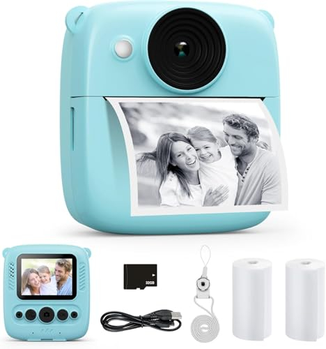 Dhapy sofortbildkamera Kinder, 48MP Kinderkamera Sofortbildkamera mit Druckpapier & 32 G TF Karte, 1080P Digitalkamera Kinder, Geschenke für Jungen und Mädchen 3 4 5 6 7 8 9Jahre Blau