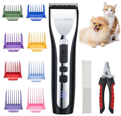 BarberBoss Husdjurstrimningskit, Sladdlös Ljudlös Trimmer för Tjock Päls, tovig Päls, Uppladdningsbara Hundtrimmer, Hundtass Trimmer, Husdjurstrimningsset
