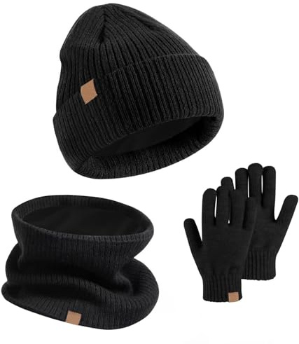 GWAWG Set Cappello Sciarpa Guanti Invernali per Bambini 3 PCS Caldo Termico Lavorato a Maglia Berretto Scaldacollo Guanti Touchscreen con Fodera in Morbido Pile Elastico per Bambini dai 5-12 Anni