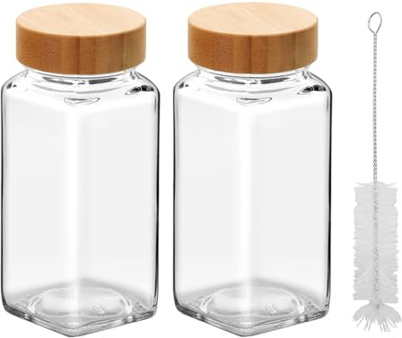 eispap 2 barattoli per spezie in vetro da 113,4 g con coperchio shaker, set di prova e set di integratori, contenitori vuoti per spezie e bottiglie quadrate per spezie per cucina (coperchi in bambù)