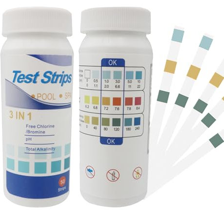 50 Tiras Reactivas Piscina,Tiras de Prueba 3 en 1,Tiras Reactivas para Piscinas,Cloro Y pH,Tabletas de Agua,Tiras Medición de Calidad del Agua,Probador Químico Preciso,Papel Prueba Dureza del Agua