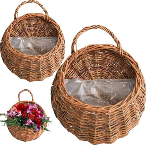 Hintyne Rattan-Pflanzgefäß zum Aufhängen 2 Stück natürlicher Rattan-Pflanztopf Vintage-Wandbehangkorb Aufbewahrungspflanzenkorb Rattan-Blumentopf zum Aufhängen an der Wand Rattanfarbe
