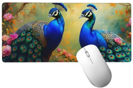 Mauspad XXL 900 x 300 x 3mm, Mausepad Blume Schreibtischunterlage Großes Pfau Mauspad mit Vernähten Kanten, Wasserdicht und Rutschfest, Abwaschbar Gaming Mausepad für Gaming,Büro,Zuhause H-455