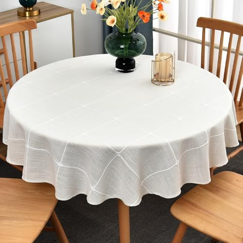 Plenmor Abwaschbar Tischdecke Rund 135cm, Leinenoptik Tischdecke Weiß für Küche, Garten, Party, Runde Tischdecken Outdoor Round Table Cloth